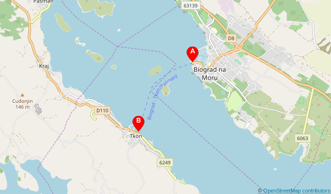Map of ferry route between Biograd na Moru and Tkon